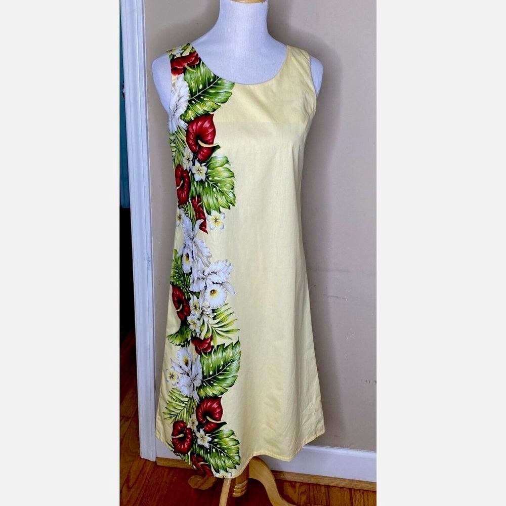 KY's Yellow Tropical Floral Anthurium Orchid Havaiian Midi Tank Dress Size M